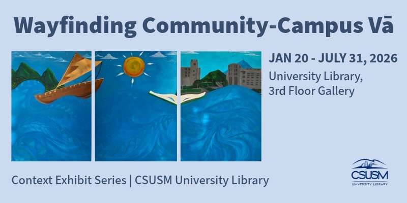 A banner with the exhibit title, Wayfinding Community-Campus Vā