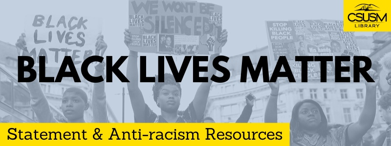 The words "Black Lives Matter Statement and Anti-racism Resources" over a background image of people holding signs