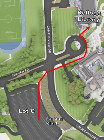 Map of CSUSM campus showing parking Lot C and Kellogg Library, with walking path between the parking lot and library marked with red marquee. Lot C parking kiosk as well as Craven Rd and Campus View Dr are also labeled.