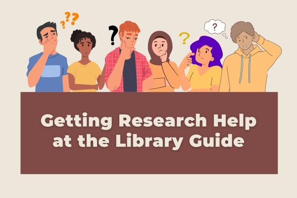 Text that reads, " getting research help at the library guide" with illustrations of students with question marks
