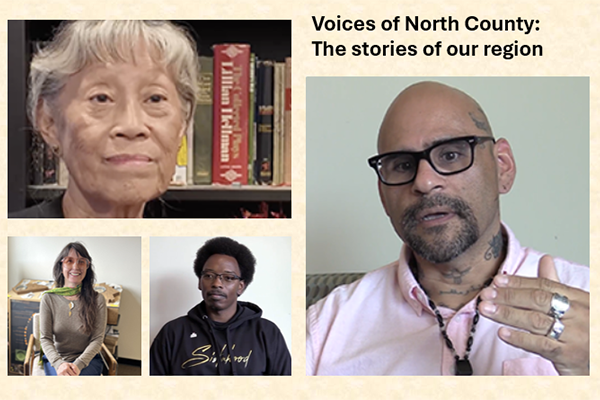 Graphic including the name of CSUSM’s oral history site, Voices of North County, and images of oral history narrators Dora Beacham (top left), Martin Leyva (right), Lucy HG Solomon (bottom left), and Jake Northington (bottom center). 