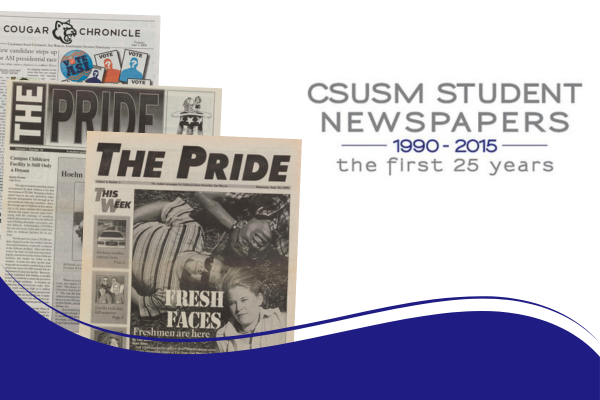 Graphic for digital collection of CSUSM’s Student newspapers, including three issues of student newspapers stacked atop each other. Text reads, “CSUSM Student Newspapers –1990-2015—the first 25 years.”