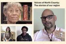 Graphic including the name of CSUSM’s oral history site, Voices of North County, and images of oral history narrators Dora Beacham (top left), Martin Leyva (right), Lucy HG Solomon (bottom left), and Jake Northington (bottom center). 