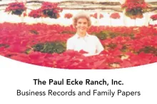 Graphic for digital collection that includes detail from a photograph of Elisabeth “Jinx” Ecke in a greenhouse, surrounded by poinsettia flowers.